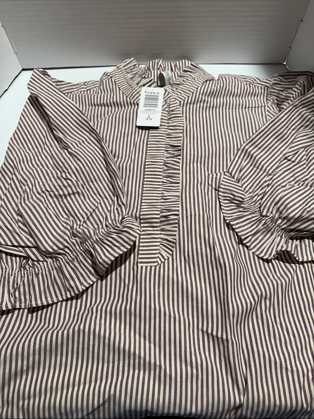torrid Striped Ruffle-Front Blouse in Mauve & White